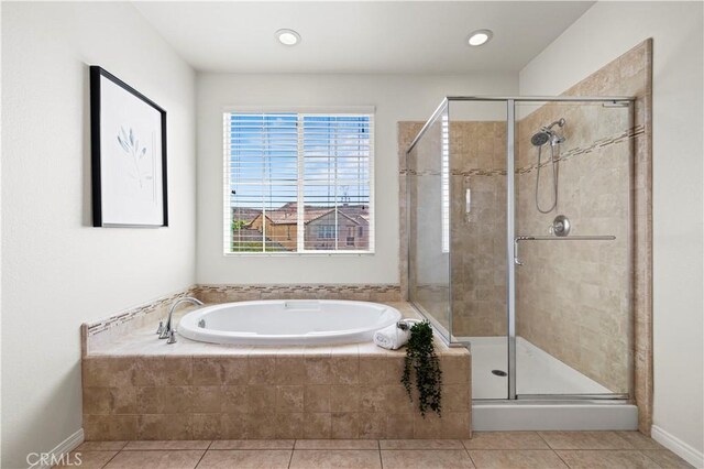 29015 Ridgecrest Ct, Valencia, CA 91354 - full bath featuring a bath, tile patterned flooring, a shower stall, and baseboards