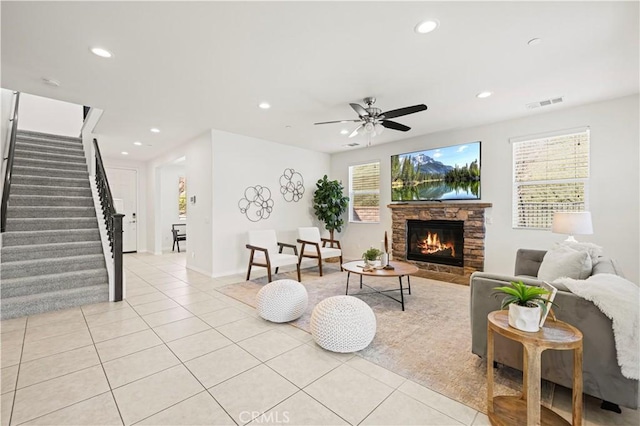 29015 Ridgecrest Ct, Valencia, CA 91354 - living room featuring light tile patterned floors, stairs, a fireplace, ceiling fan, and recessed lighting