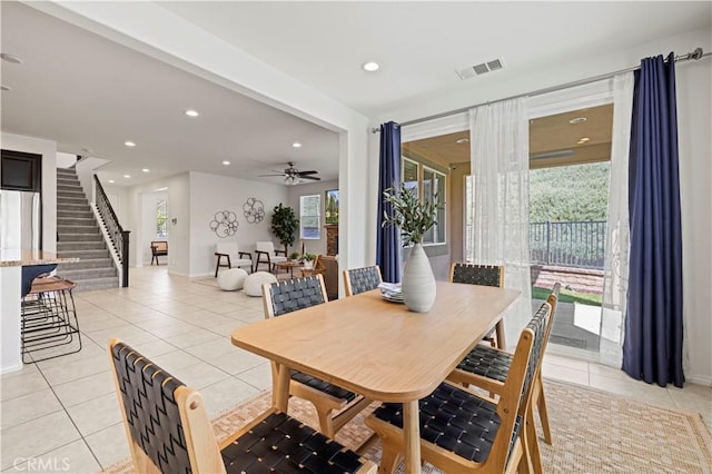 29015 Ridgecrest Ct, Valencia, CA 91354 - dining room with light tile patterned floors, ceiling fan, plenty of natural light, stairway, and recessed lighting