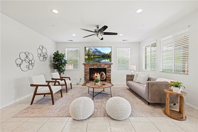29015 Ridgecrest Ct, Valencia, CA 91354 - living room featuring plenty of natural light, light tile patterned floors, recessed lighting, ceiling fan, and baseboards