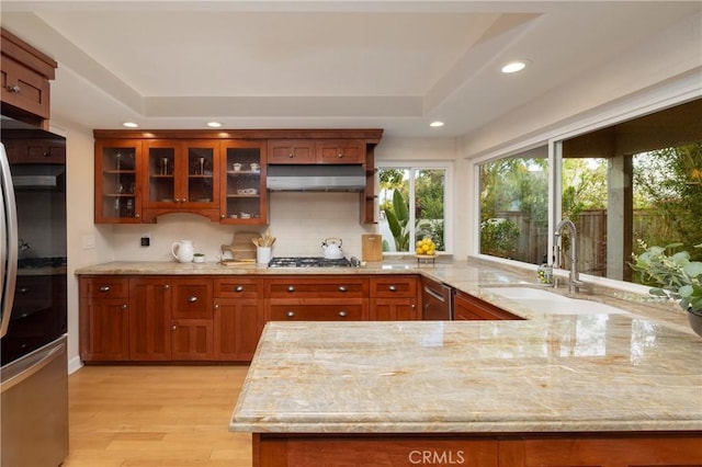 16561 Wanderer Ln, Huntington Beach, CA 92649 - kitchen with appliances with stainless steel finishes, under cabinet range hood, light wood-style floors, light stone counters, and recessed lighting