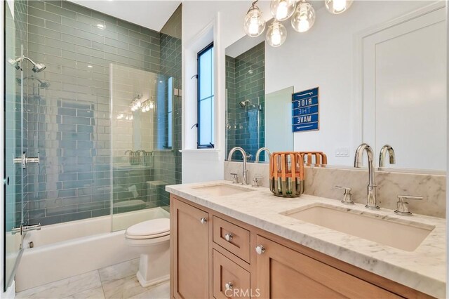 2001 Oak Ave, Manhattan Beach, CA 90266 - bathroom with double vanity, toilet, washtub / shower combination, and marble finish flooring