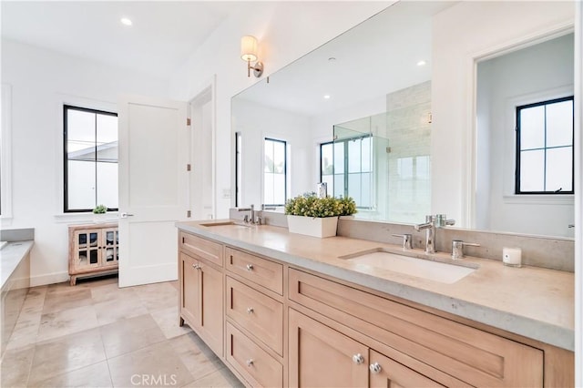 2001 Oak Ave, Manhattan Beach, CA 90266 - bathroom featuring double vanity, a shower stall, recessed lighting, and tile patterned flooring