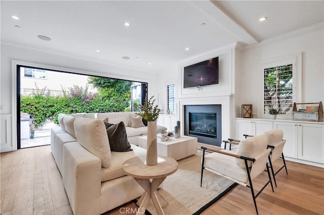 2001 Oak Ave, Manhattan Beach, CA 90266 - living area featuring light wood-style floors, crown molding, a large fireplace, and recessed lighting