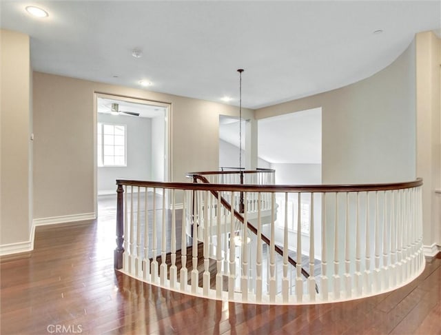 2237 Sageleaf Cir, Corona, CA 92882 - corridor with hardwood / wood-style flooring, baseboards, an upstairs landing, and recessed lighting