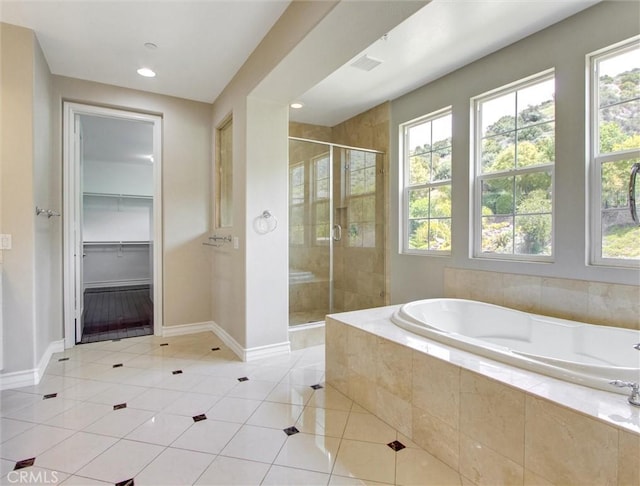 2237 Sageleaf Cir, Corona, CA 92882 - bathroom with a stall shower, a bath, tile patterned floors, baseboards, and recessed lighting