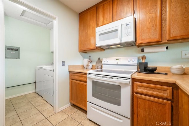 5631 Lake Park Way Unit 2, La Mesa, CA 91942 - kitchen with white appliances, independent washer and dryer, light tile patterned flooring, and light countertops