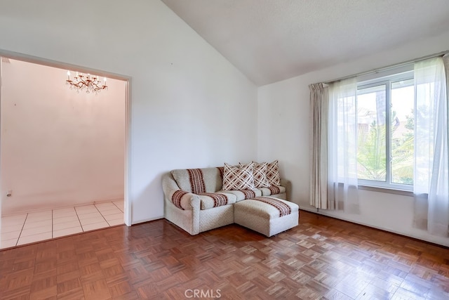 1702 Lark Tree Way, Hacienda Heights, CA 91745 - living area with lofted ceiling, a chandelier, and baseboards