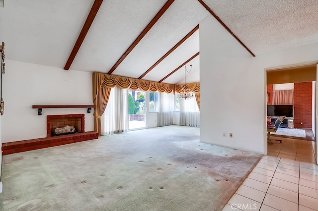 1702 Lark Tree Way, Hacienda Heights, CA 91745 - unfurnished living room featuring a brick fireplace, beamed ceiling, tile patterned flooring, high vaulted ceiling, and a textured ceiling