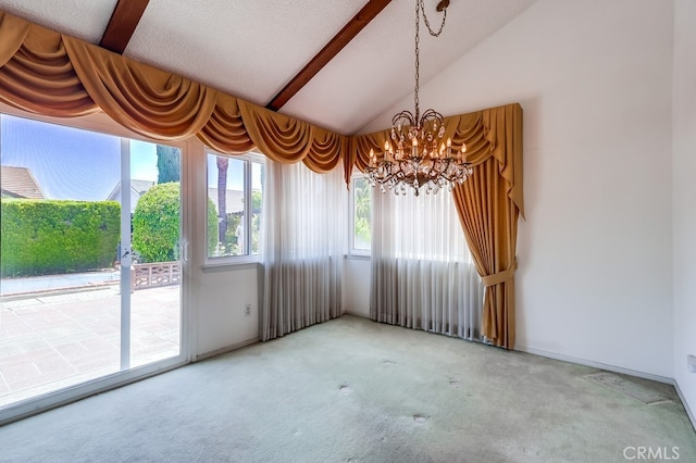 1702 Lark Tree Way, Hacienda Heights, CA 91745 - unfurnished dining area with carpet floors, lofted ceiling, a chandelier, and baseboards