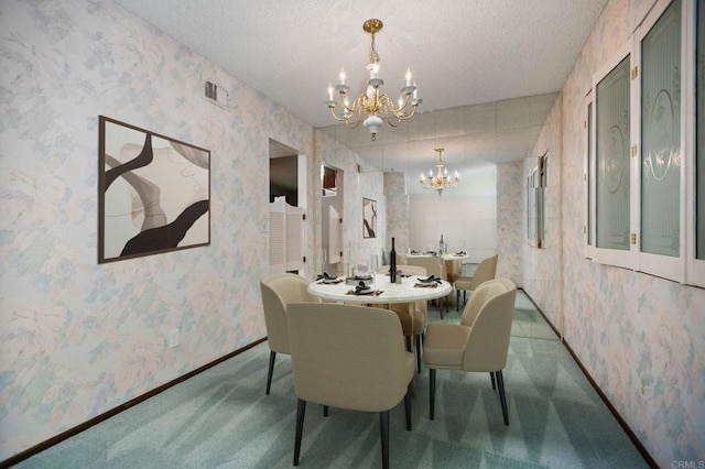 9336 Nalini Ct, Santee, CA 92071 - carpeted dining space featuring a chandelier, a textured ceiling, and wallpapered walls