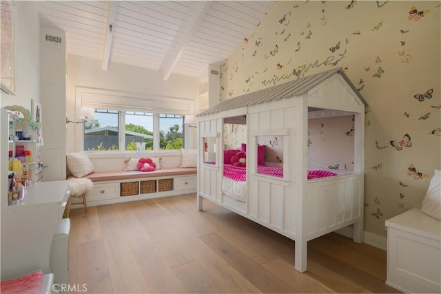 2104 Flournoy Rd, Manhattan Beach, CA 90266 - bedroom with wallpapered walls, light wood-style floors, wooden ceiling with exposed beams, high vaulted ceiling, and baseboards