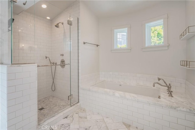 2104 Flournoy Rd, Manhattan Beach, CA 90266 - bathroom featuring a stall shower, a bath, recessed lighting, and marble finish flooring