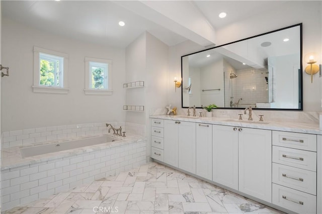 2104 Flournoy Rd, Manhattan Beach, CA 90266 - full bath with marble look tile flooring, double vanity, a stall shower, a garden tub, and recessed lighting
