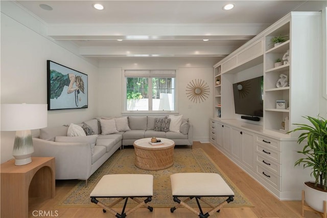 2104 Flournoy Rd, Manhattan Beach, CA 90266 - living area with light wood-style floors, beamed ceiling, recessed lighting, and baseboards