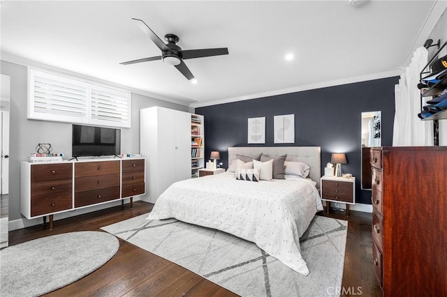 3440 Lemon Ave, Long Beach, CA 90807 - bedroom featuring wood finished floors, crown molding, a ceiling fan, and recessed lighting