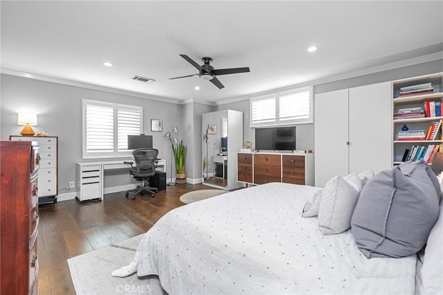 3440 Lemon Ave, Long Beach, CA 90807 - bedroom with crown molding, a desk, hardwood / wood-style floors, recessed lighting, and multiple windows