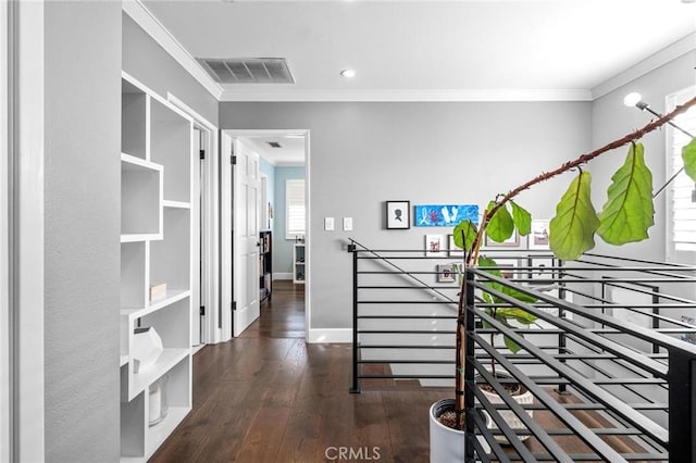 3440 Lemon Ave, Long Beach, CA 90807 - hall with an upstairs landing, crown molding, hardwood / wood-style flooring, and baseboards