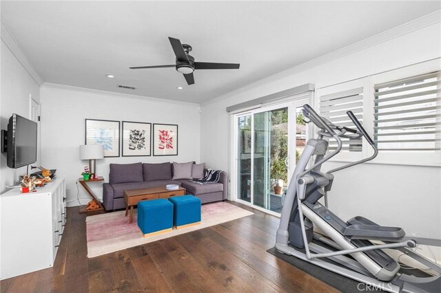 3440 Lemon Ave, Long Beach, CA 90807 - workout area with ornamental molding, ceiling fan, hardwood / wood-style floors, and recessed lighting