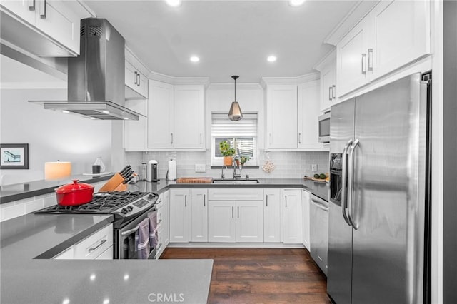 3440 Lemon Ave, Long Beach, CA 90807 - kitchen featuring appliances with stainless steel finishes, island exhaust hood, a sink, dark wood-type flooring, and white cabinetry