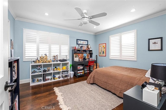 3440 Lemon Ave, Long Beach, CA 90807 - bedroom with wood finished floors, crown molding, recessed lighting, baseboards, and ceiling fan