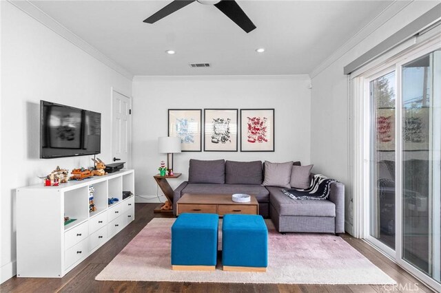 3440 Lemon Ave, Long Beach, CA 90807 - living area with crown molding, ceiling fan, dark wood-type flooring, and recessed lighting