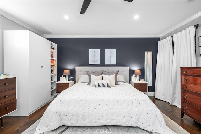 3440 Lemon Ave, Long Beach, CA 90807 - bedroom featuring ornamental molding, dark wood-style flooring, a ceiling fan, and recessed lighting