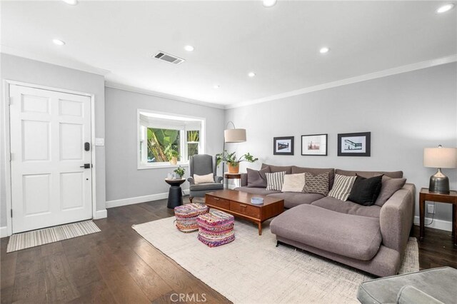 3440 Lemon Ave, Long Beach, CA 90807 - living room with baseboards, dark wood finished floors, ornamental molding, and recessed lighting