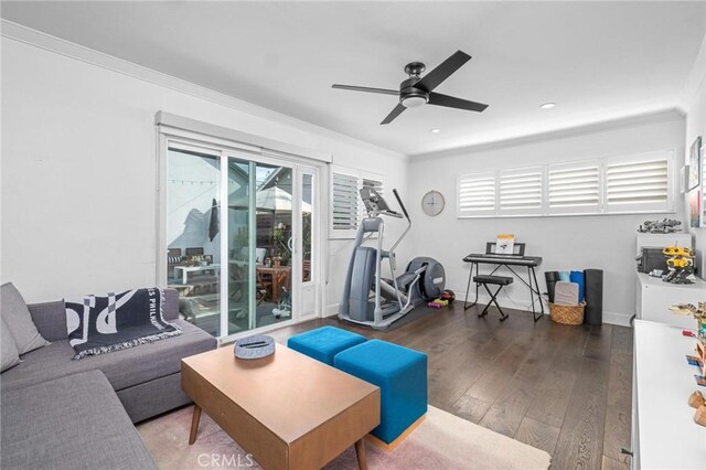 3440 Lemon Ave, Long Beach, CA 90807 - living room featuring plenty of natural light, ceiling fan, hardwood / wood-style flooring, ornamental molding, and recessed lighting
