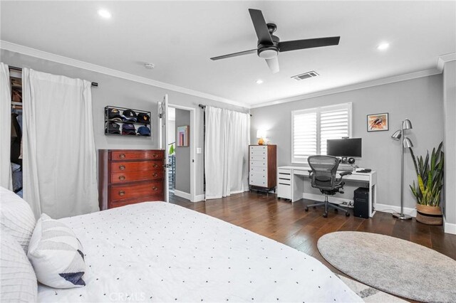 3440 Lemon Ave, Long Beach, CA 90807 - bedroom with an office area, crown molding, wood finished floors, recessed lighting, and baseboards