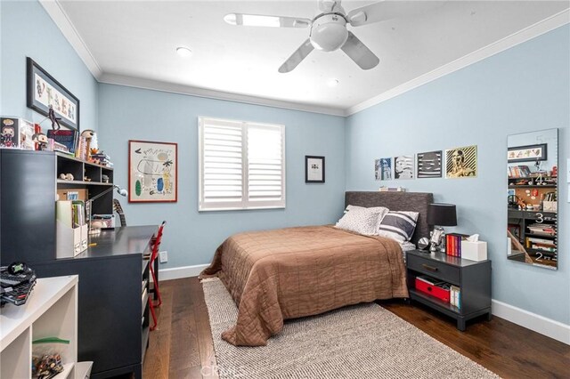 3440 Lemon Ave, Long Beach, CA 90807 - bedroom featuring ornamental molding, dark wood-style floors, baseboards, and ceiling fan