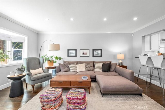 3440 Lemon Ave, Long Beach, CA 90807 - living area with wood finished floors, crown molding, baseboards, and recessed lighting