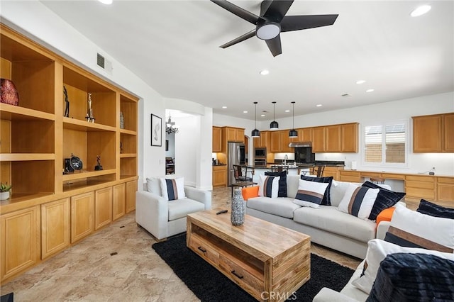 44774 Pride Mountain St, Temecula, CA 92592 - living room featuring ceiling fan and recessed lighting