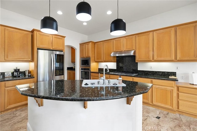 44774 Pride Mountain St, Temecula, CA 92592 - kitchen featuring stainless steel appliances, under cabinet range hood, arched walkways, a breakfast bar, and decorative light fixtures