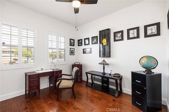 44774 Pride Mountain St, Temecula, CA 92592 - office with a ceiling fan, baseboards, and hardwood / wood-style floors