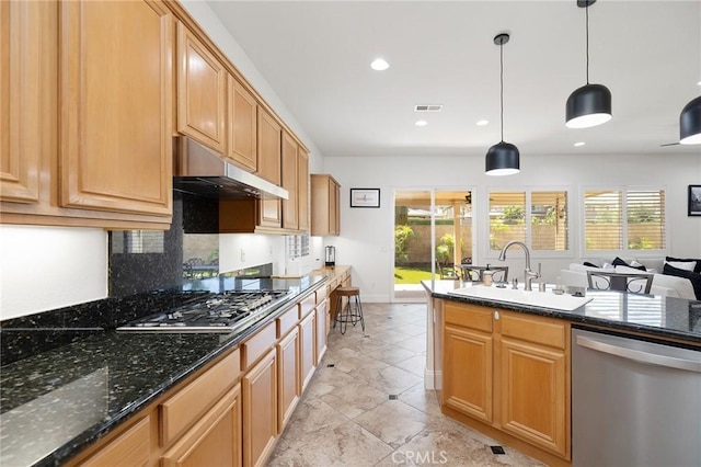 44774 Pride Mountain St, Temecula, CA 92592 - kitchen featuring appliances with stainless steel finishes, under cabinet range hood, a sink, plenty of natural light, and recessed lighting