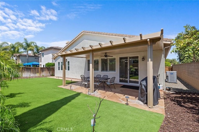 44774 Pride Mountain St, Temecula, CA 92592 - rear view of house featuring a ceiling fan, stucco siding, central AC, and a patio