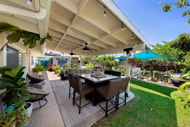 5680 Wendi St, La Mesa, CA 91942 - view of patio / terrace with outdoor dining space, a ceiling fan, and an outdoor hangout area