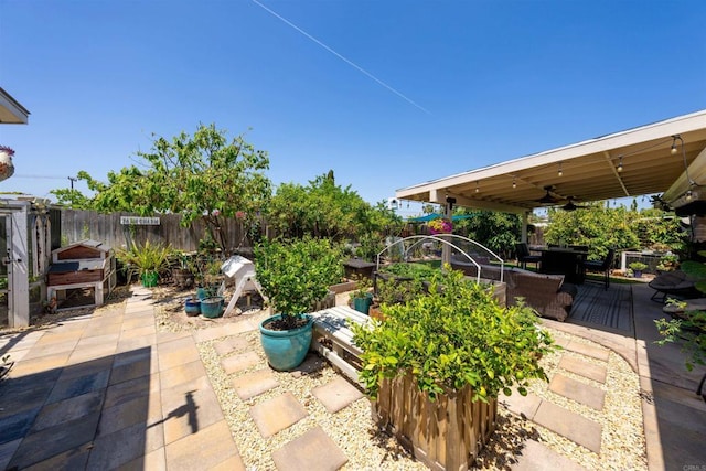5680 Wendi St, La Mesa, CA 91942 - view of patio featuring ceiling fan and a vegetable garden