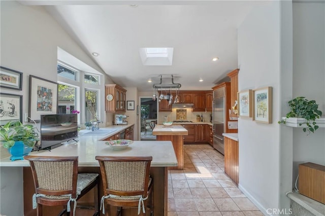 3818 Hayvenhurst Ave, Encino, CA 91436 - kitchen featuring stainless steel built in refrigerator, a skylight, light countertops, a peninsula, and vaulted ceiling