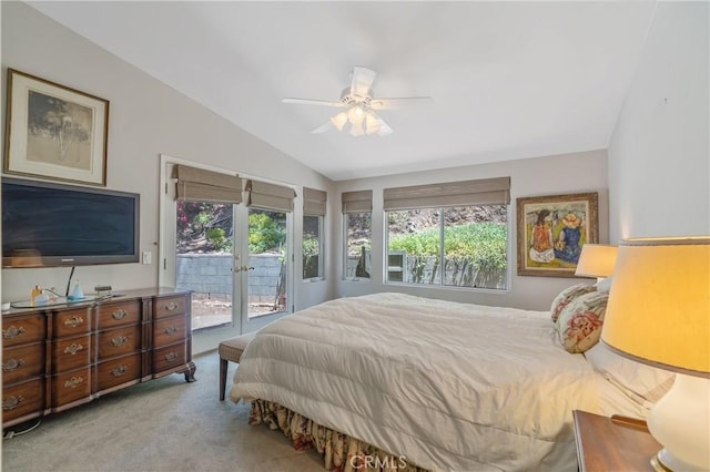 3818 Hayvenhurst Ave, Encino, CA 91436 - carpeted bedroom with lofted ceiling, access to outside, multiple windows, french doors, and a ceiling fan