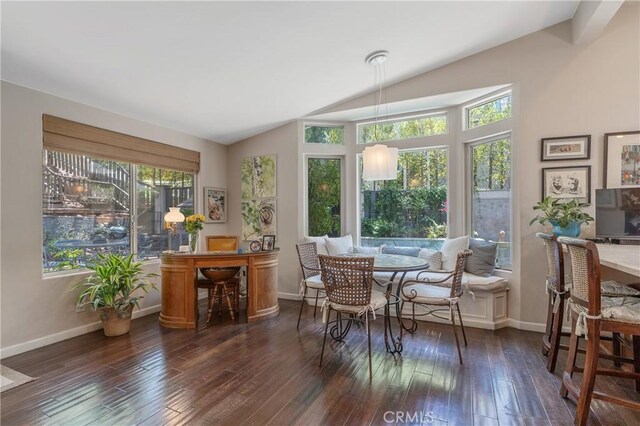 3818 Hayvenhurst Ave, Encino, CA 91436 - dining room featuring lofted ceiling, healthy amount of natural light, and dark wood finished floors