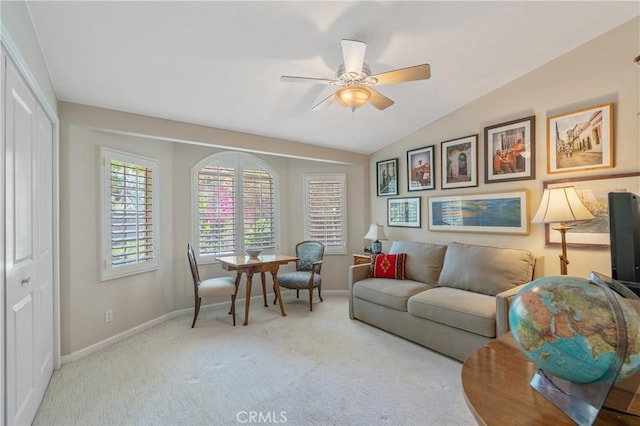 3818 Hayvenhurst Ave, Encino, CA 91436 - living area featuring a ceiling fan, carpet flooring, and vaulted ceiling