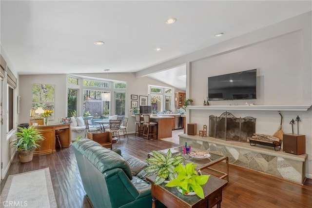 3818 Hayvenhurst Ave, Encino, CA 91436 - living area with lofted ceiling, wood-type flooring, and recessed lighting