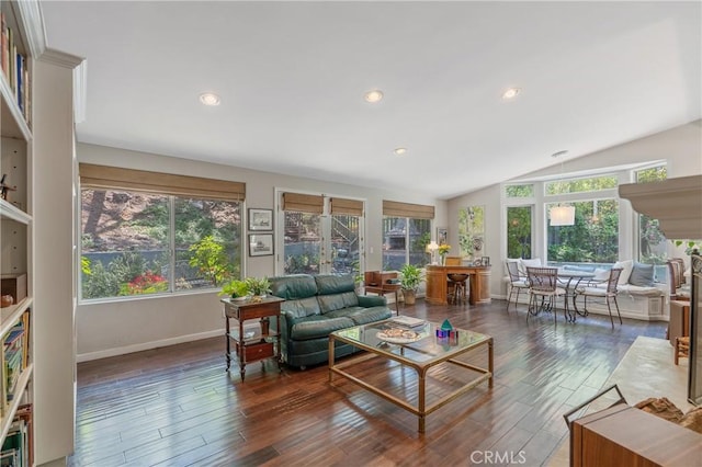 3818 Hayvenhurst Ave, Encino, CA 91436 - living room with wood finished floors, vaulted ceiling, and recessed lighting