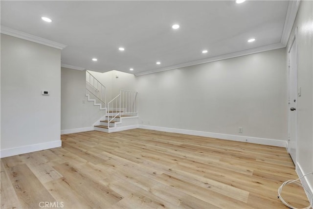 1425 Forest Glen Dr Unit 159, Hacienda Heights, CA 91745 - basement featuring crown molding, light wood-style flooring, recessed lighting, baseboards, and stairway