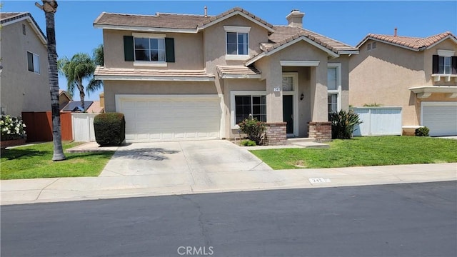 241 Exeter Way, Corona, CA 92882 - traditional-style home with stucco siding, a chimney, a garage, concrete driveway, and a tiled roof