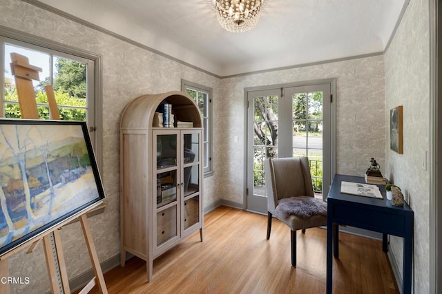 2384 E Orange Grove Blvd, Pasadena, CA 91104 - office area featuring plenty of natural light, light wood-type flooring, a chandelier, baseboards, and wallpapered walls