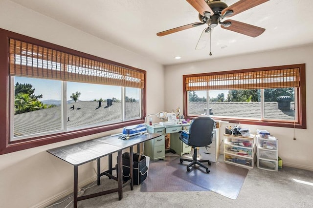 1923 Hidden Mesa Rd, El Cajon, CA 92019 - office area with healthy amount of natural light, carpet, a ceiling fan, baseboards, and recessed lighting
