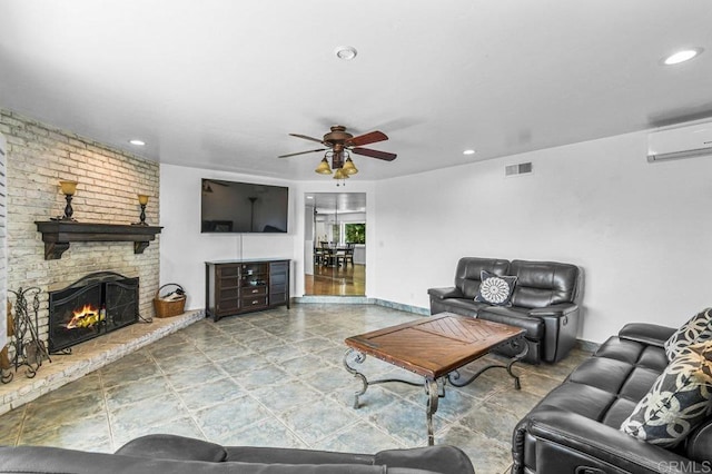 1923 Hidden Mesa Rd, El Cajon, CA 92019 - living area with a ceiling fan, a wall mounted AC, recessed lighting, a brick fireplace, and baseboards